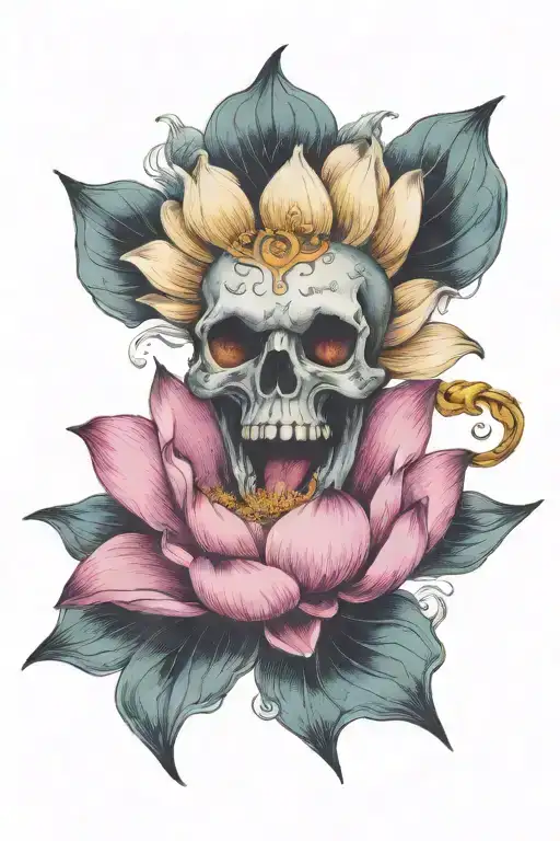 Lotus Flower Blooming From Open Mouth Candie Skull