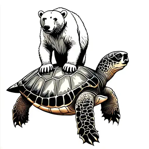 Polar Bear Standing Riding A Sea Turtle