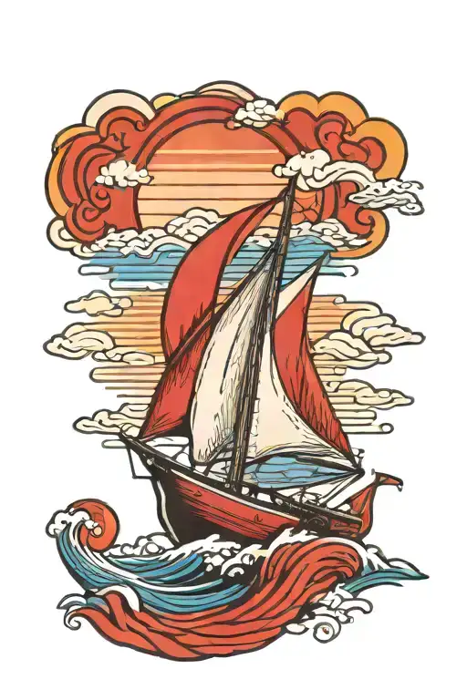 Small Sail Boat With Blue Waves Crashing In And A Small Red Sun On Its Side