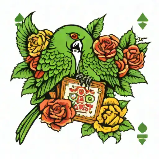 Green Parrot In The Style Of A Two-headed Playing Card