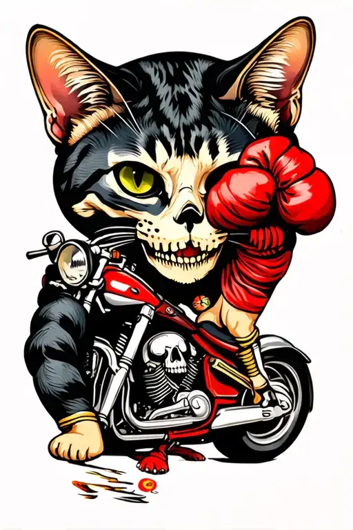 Cat Muay Thai Fighter With A Skeleton On Motorcycle