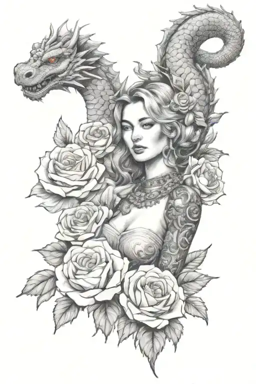 A Realistic Portrait Of A Woman Surrounded By Roses And Dragon