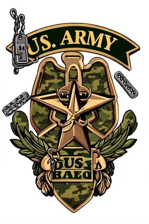 Us Army Logo Surrounded With Camouflage And Dog Tags