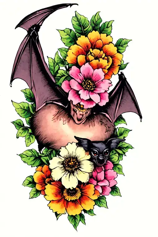 Upside Down Bat With Flowers