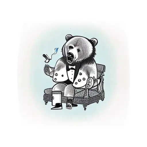 Grizzly Bear Smoking A Cuban Cigar Dressed Like Mafia Sitting On A Vintage Chair