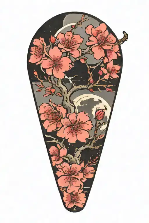 Sakura Branch With Flowers With Moon Offset In Background