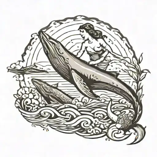 Ocean Scene Featuring A Whale And A Mermaid Touching Each Other