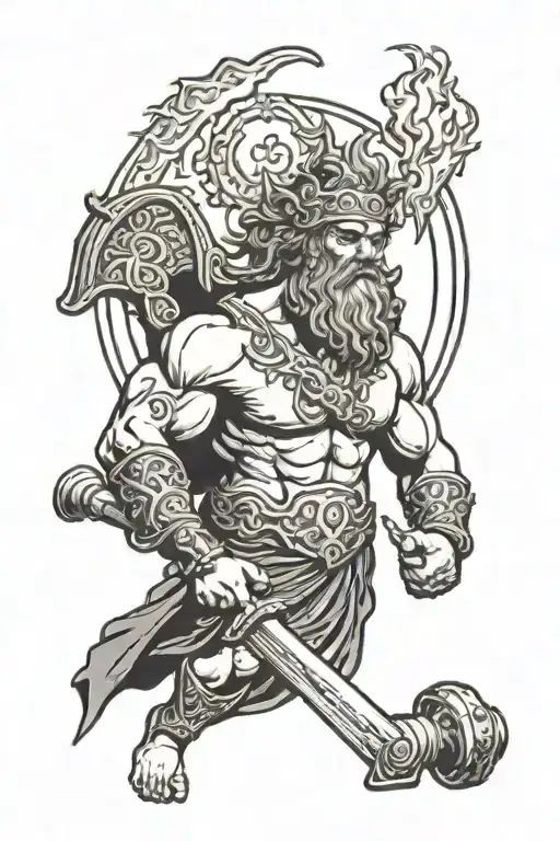Greek God Of Fire Holding His Hammer And Around Him Fire Chaos