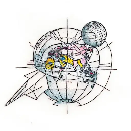 Traditional Tattoo Of A Globe With A Paper Airplane With Europe And America Showing On The Globe