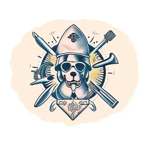 A Traditional-style Tattoo Of A Engineer's Tools Surrounded By Children And A Dog