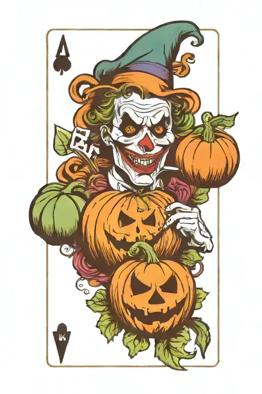 Small Pumpkin Surrounded By Joker Playing Card And Chef Knife