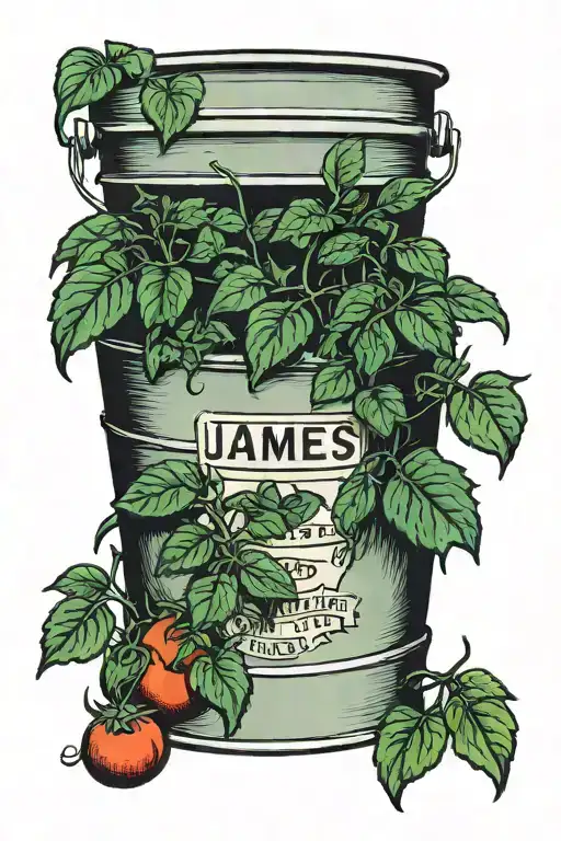 5 Gallon Bucket With A Tomato Plant Growing In The Bucket With The Name James On It
