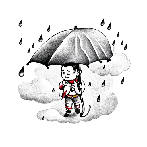 Boy Child Holding Umbrella Under Cloud With Rain