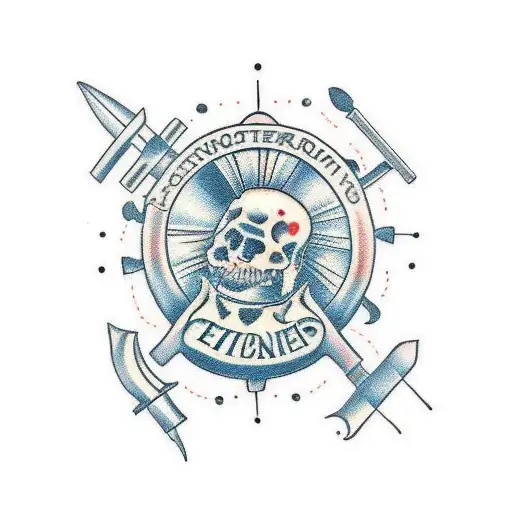 A Traditional-style Tattoo Of A Engineer's Tools Surrounded By Children And A Dog