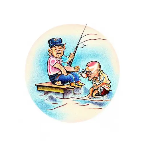 A Child And Oldman Sitting On A Dock Fishing