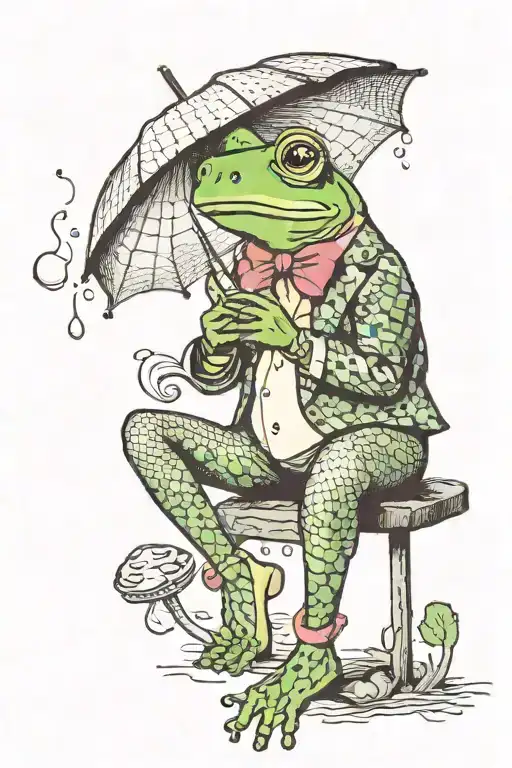 Frog In Heels With Fishnet Leggings Smoking Cigarette Holding A Mushroom Umbrella In The Rain