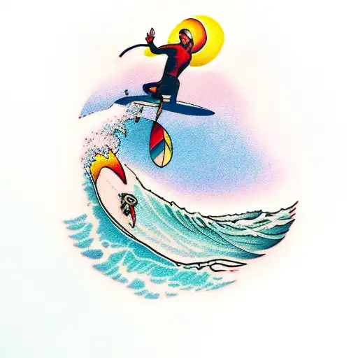 Surfer Riding A Wave At Sunset