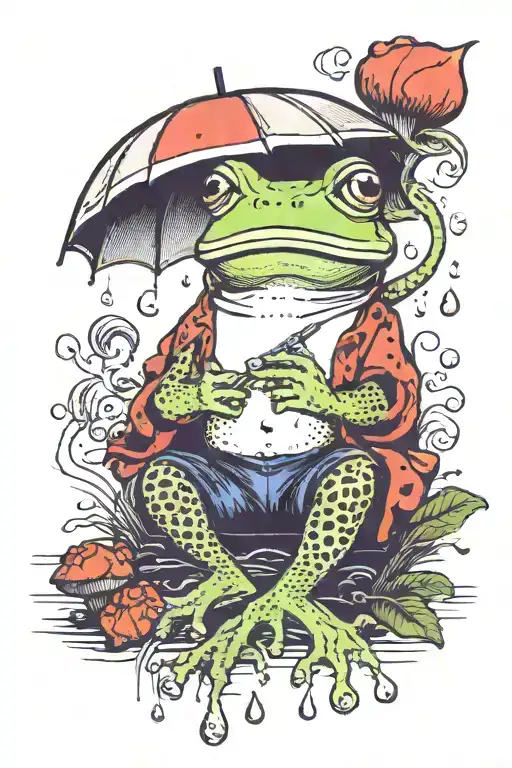 Frog In Heels With Fishnet Leggings Smoking Cigarette Holding A Mushroom Umbrella In The Rain