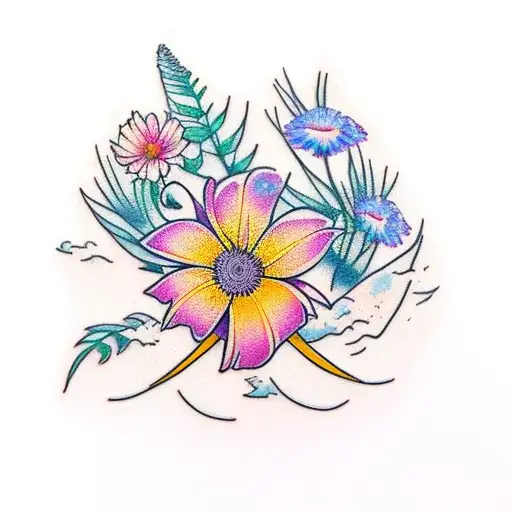 Flamingo With Aster And Morning Glory Flowers