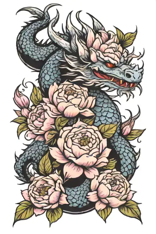 Dragon Holding Peonies Flower