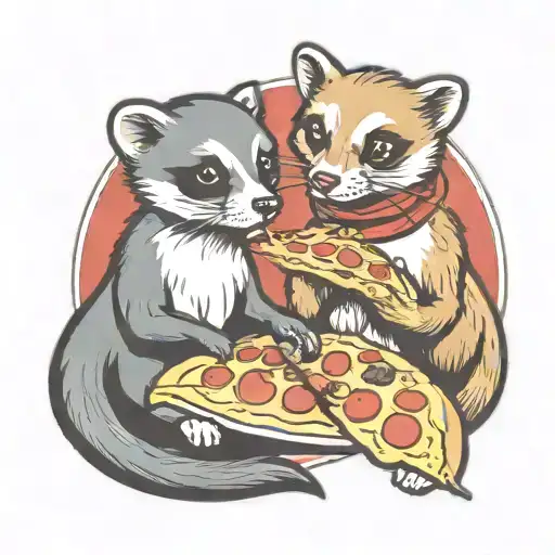 Ferret And Dog Eating A Pizza