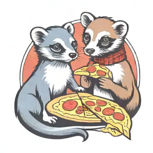 Ferret And Dog Eating A Pizza