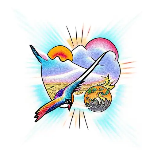 Sunset Over Waves With 2 Hummingbirds Inside The Sun Half Arm Sleeve