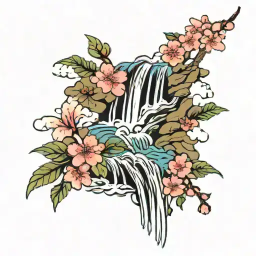 Waterfall With Cherry Blossoms Clouds