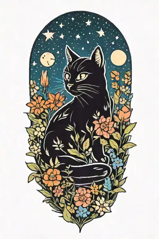 A Cat Exploring A Field Of Colorful Flowers Under A Starry Sky