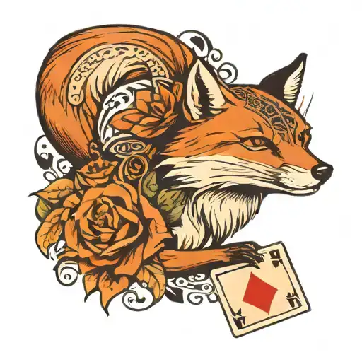 Fox With Calligraphy Accents And Playing Cards