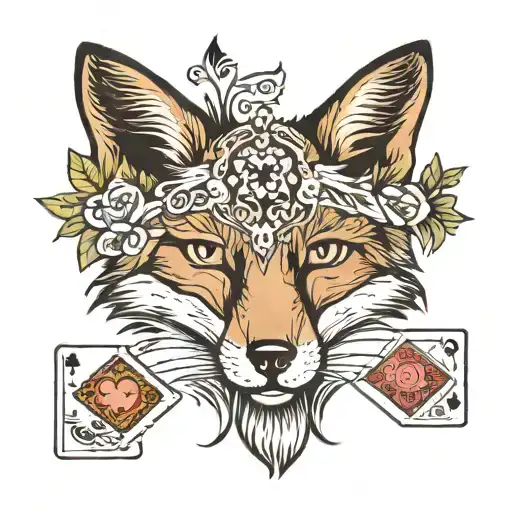 Fox With Calligraphy Background And Playing Cards