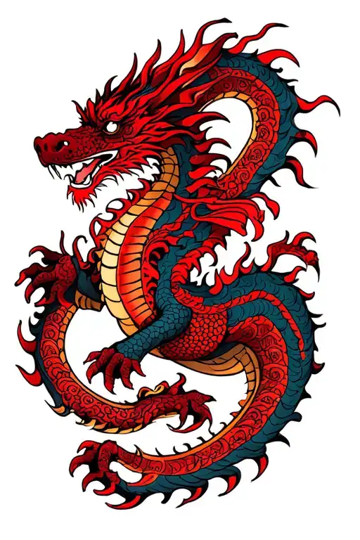 Eastern Style Dragon Surrounded By Red Tribals