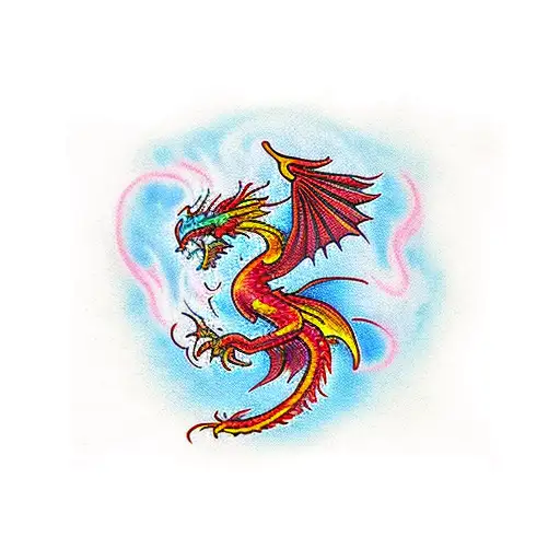 Phoenix With Flames And Dragon