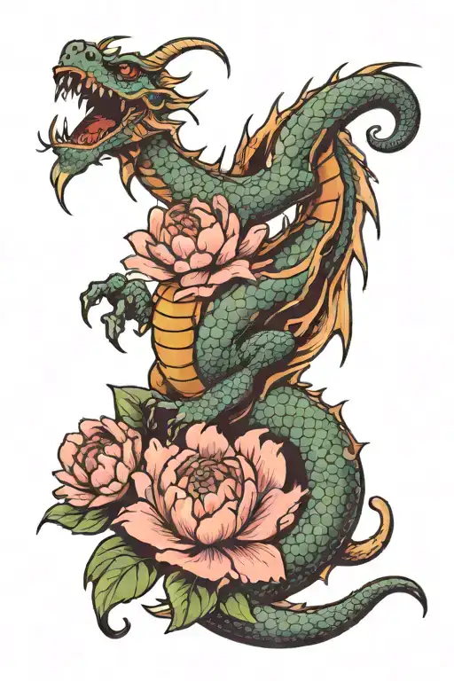 Dragon Holding Peonies With Claw
