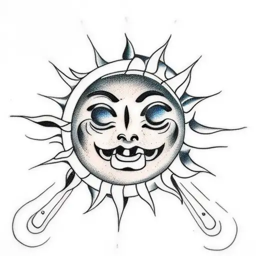 A Traditional Style Tattoo Of A Smiling Sun And A Crying Moon