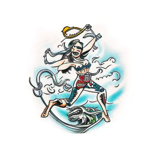 Hula Sailor Jerry Girl Riding Kraken Attacking Captain Morgan