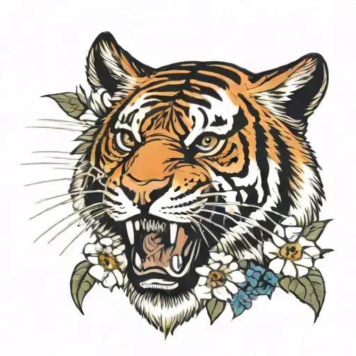 Tiger With Primrose Flower In Mouth