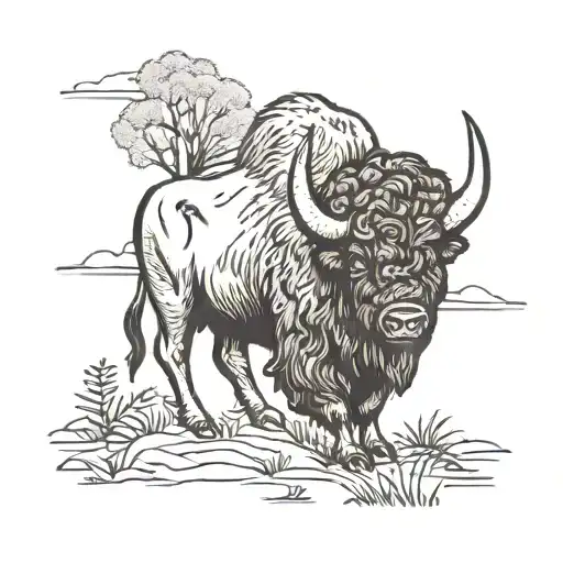 Wise Buffalo In Field Surrounded By Nature Scene