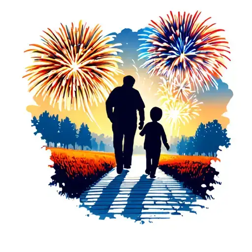 Fireworks In The Background With A Dad And Two Kids Silhouette Walking Along A Pathway Towards Them