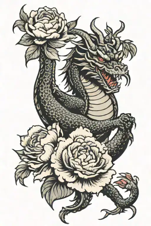 Dragon Holding Peonies Flower