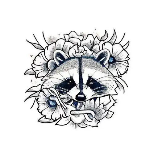 Raccoon Skull With Morning Glory Flower In Antique Bottle Vase And Aster