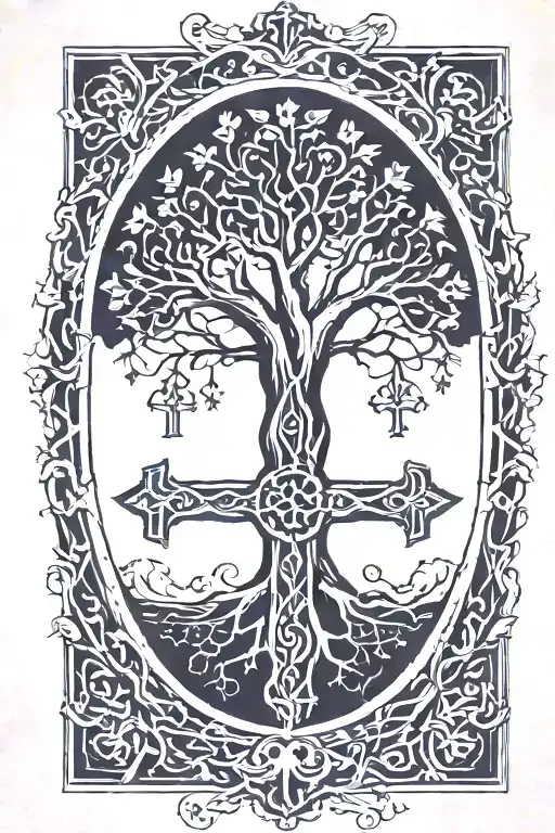Tree Of Life And Gothic Cross Intertwined