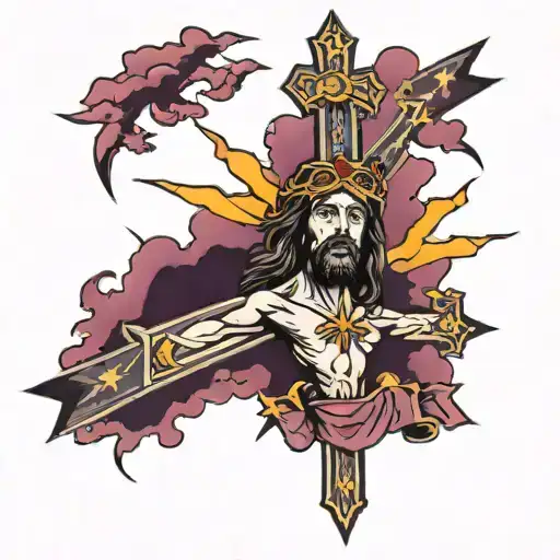 Jesus Cross With Purple Sash With Dark Clouds And Lightning