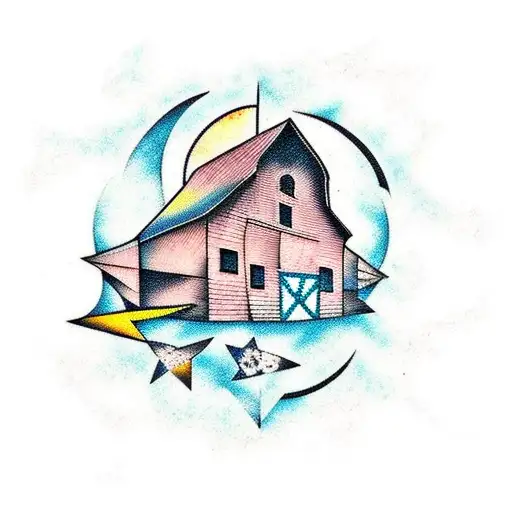 Moonlit Barn With Abstract Geometric Patterns