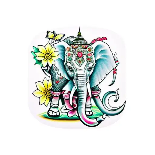 Thai Elephant With Dok Koon Flowers