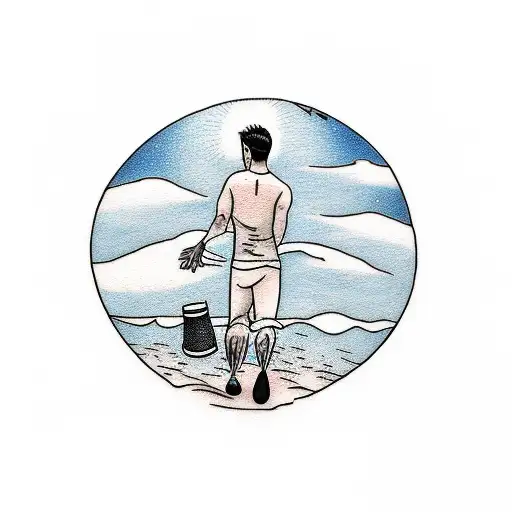 A Minimalist Tattoo Of A Person Walking On A Beach With The Sun And Clouds In The Background