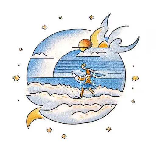 A Minimalist Tattoo Of A Person Walking On A Beach With The Sun And Clouds In The Background