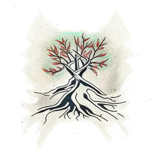 Tree With Roots And Green Fire Leaves