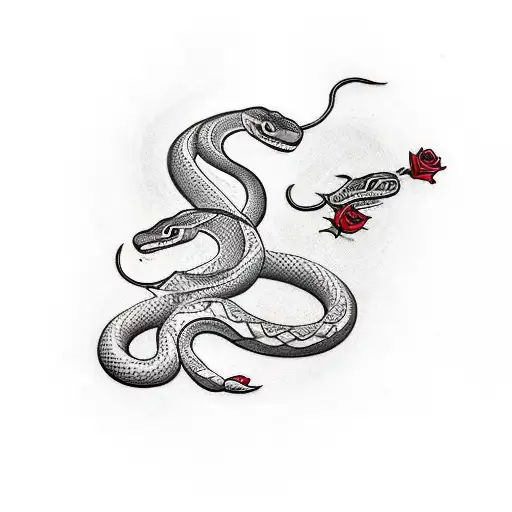 A Traditional-style Tattoo Of A Snake Wrapped Around A Rose-covered Guitar