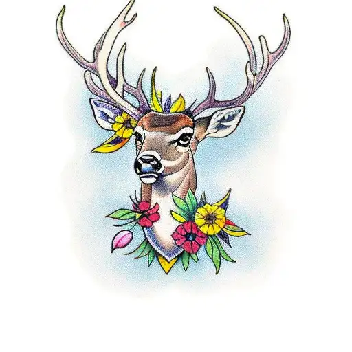 A Traditional Tattoo Of A Deer Surrounded By Vibrant Flowers
